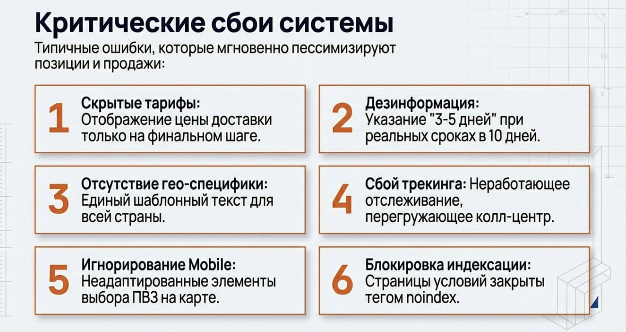 Ошибки при работе с доставкой в SEO