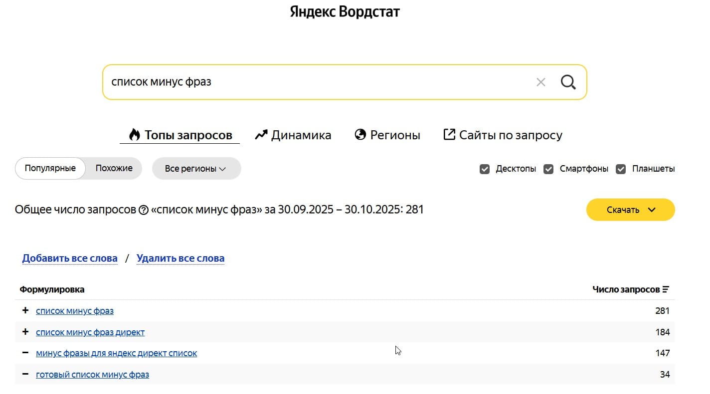Яндекс Wordstat